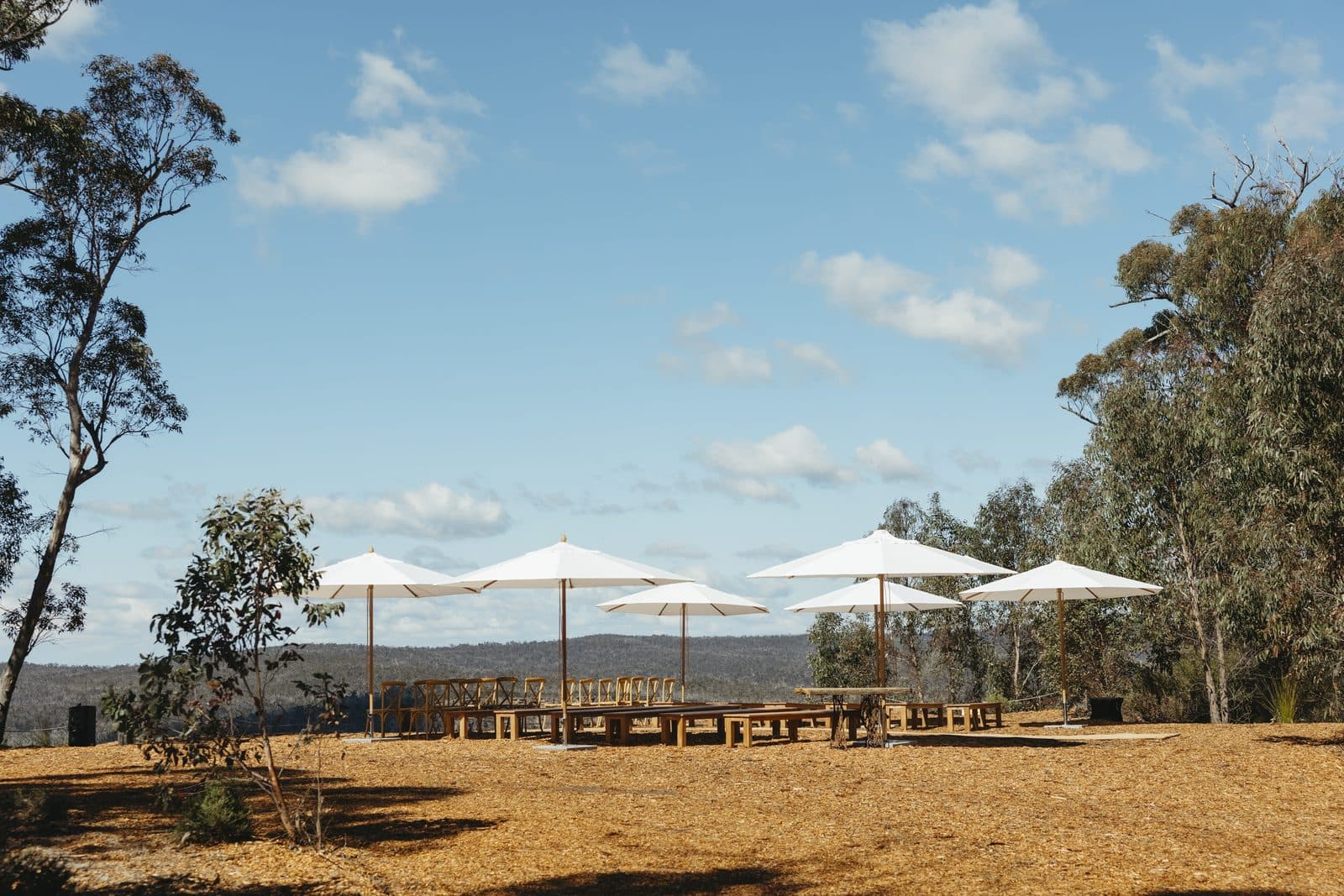 The Cliffs set for the ceremony, white umbrellas over the timber benches and the gorge beyond
