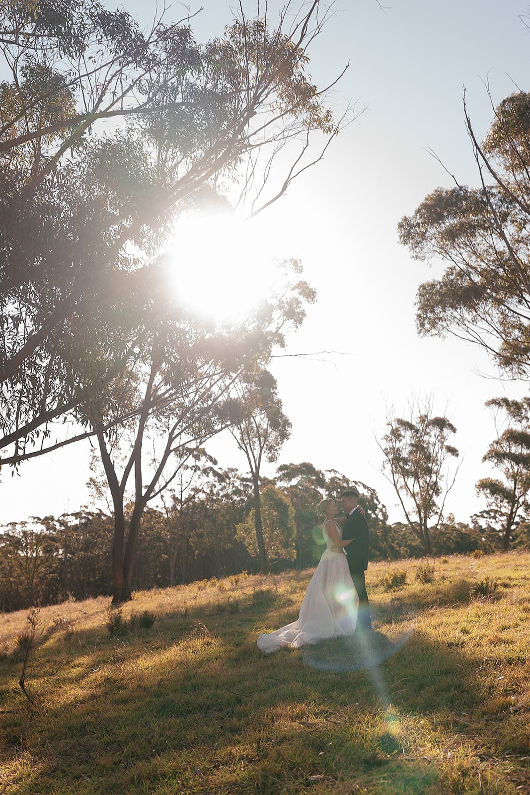 A couple standing together on amber paddock grass, the low sun burning through a stand of old gums behind them