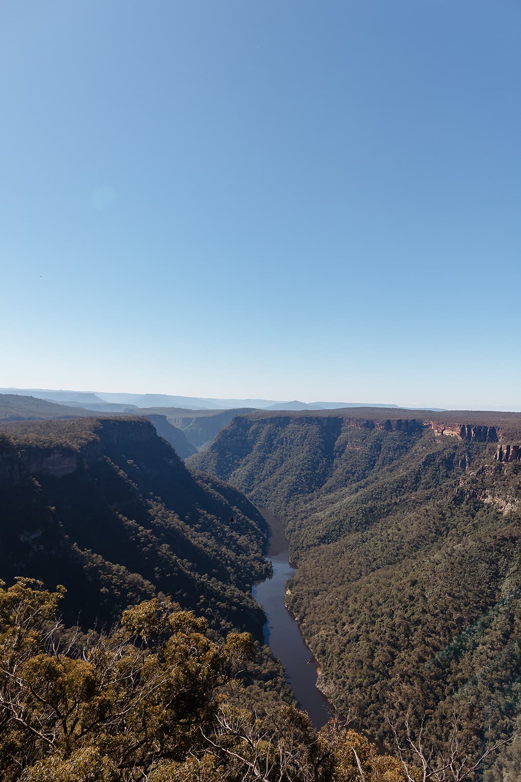 The Shoalhaven river winding through the gorge, seen from the sandstone cliff edge at Caoura Cliffs
