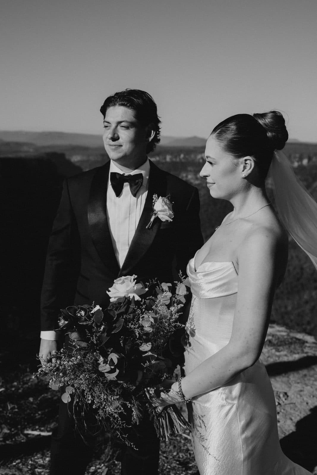 Liv and Ryan at The Cliffs after the ceremony, in black and white
