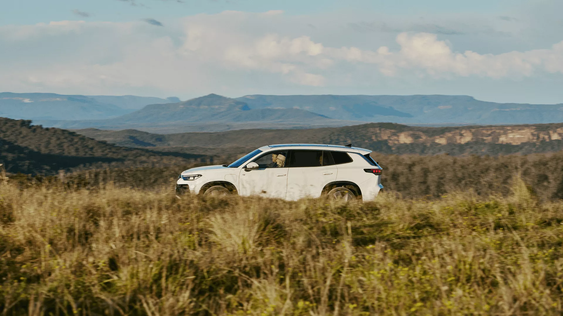 A white Volkswagen Tayron driving through golden grass above the Shoalhaven escarpment at Caoura Cliffs