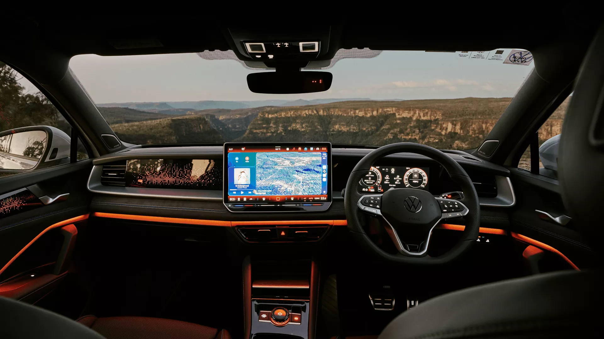 The Volkswagen Tayron cabin looking out over the Shoalhaven gorge through the windscreen