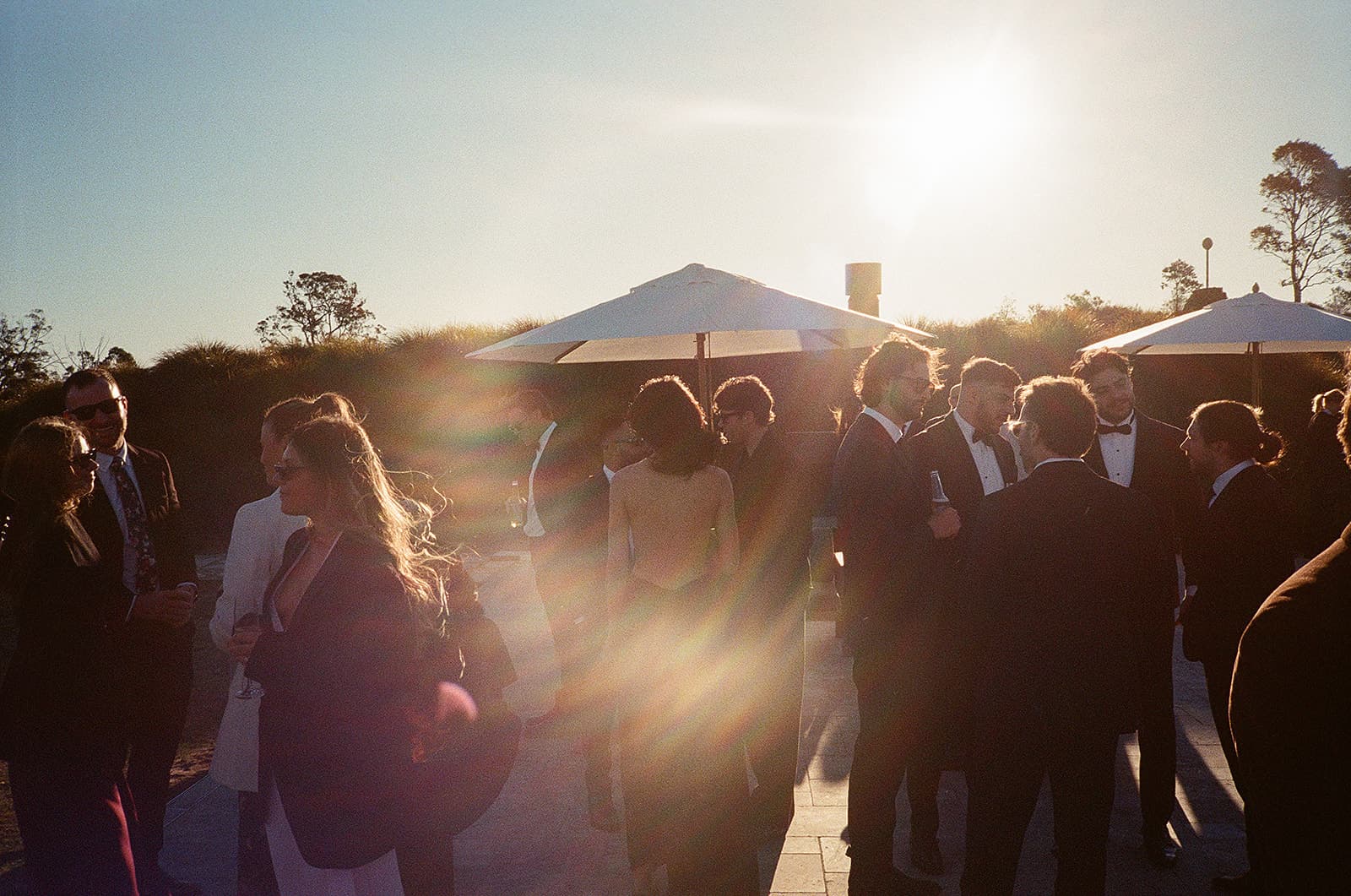 Guests with drinks on the Pavilion terrace at golden hour, low sun flaring between the umbrellas
