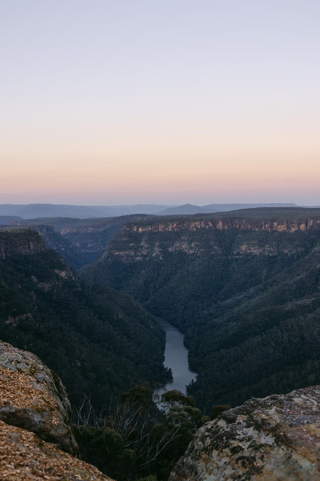 First light along the Shoalhaven gorge, the river bend far below