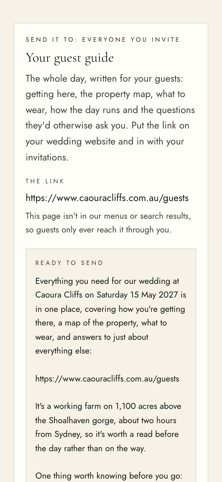 The guest guide link on a phone, with a message ready to send to everyone invited