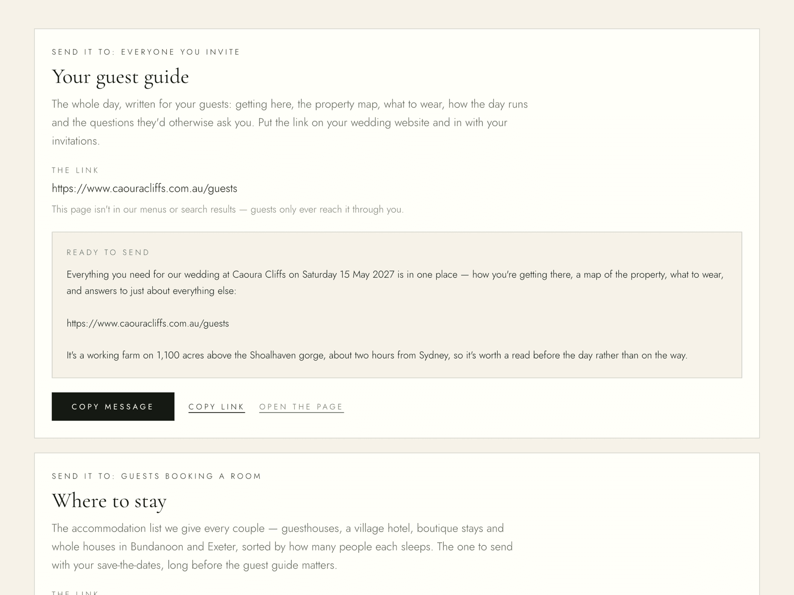 The three shareable guest links, each with a ready-to-paste message written for the couple to send