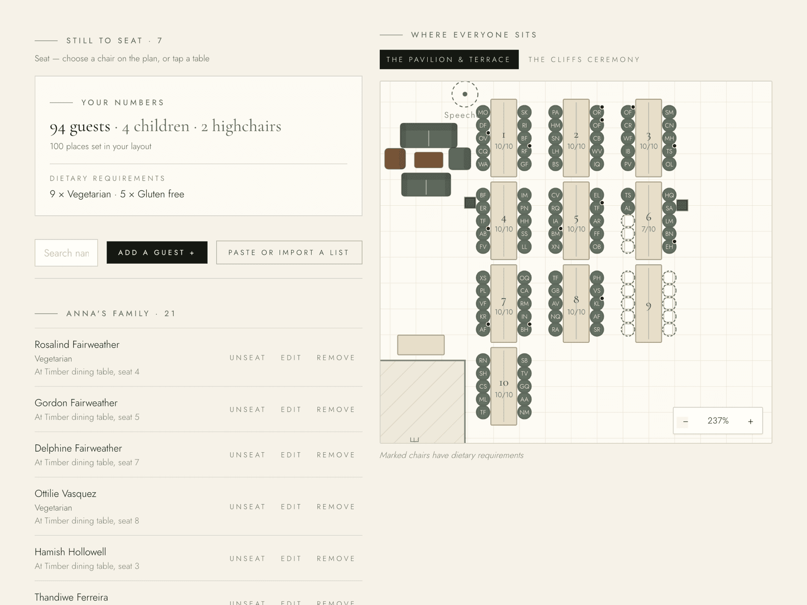 The guest list beside the seating chart, showing each guest's table and seat and how many people are still to be seated
