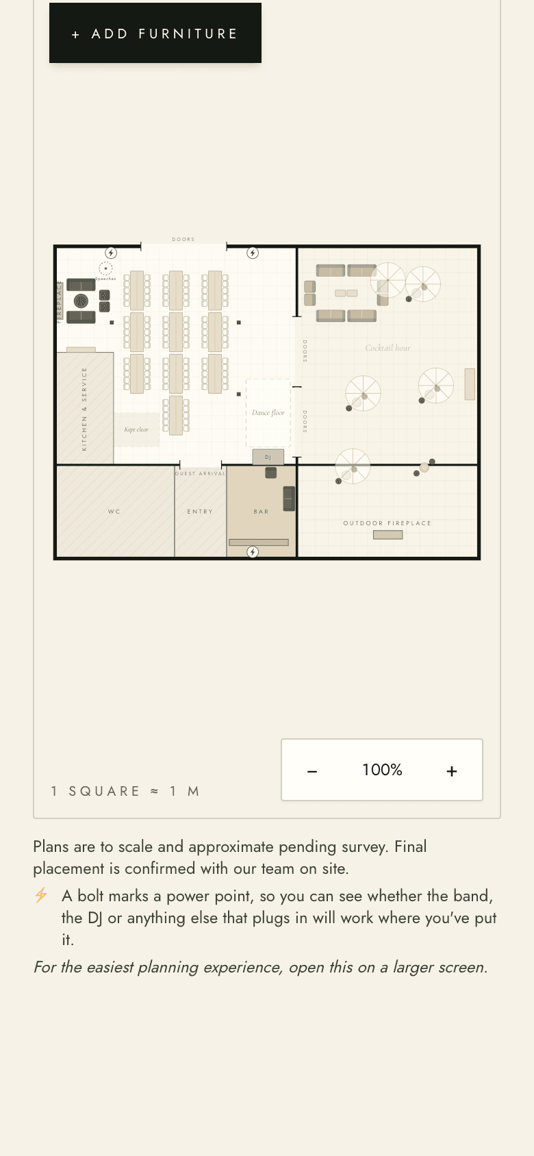 The Pavilion and Terrace plan on a phone, above the Studio's own note that planning is easiest on a larger screen