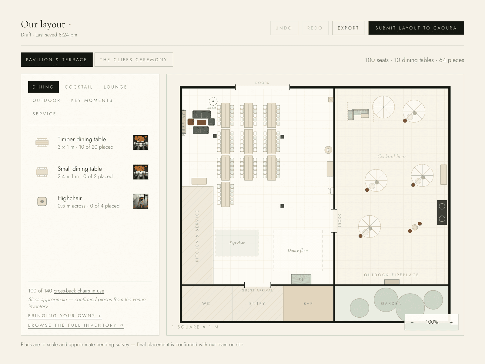 The Layout Studio: a scale plan of the Pavilion and Terrace with long dining tables, lounges and a dance floor placed on it, beside a furniture library showing how many of each piece are still available