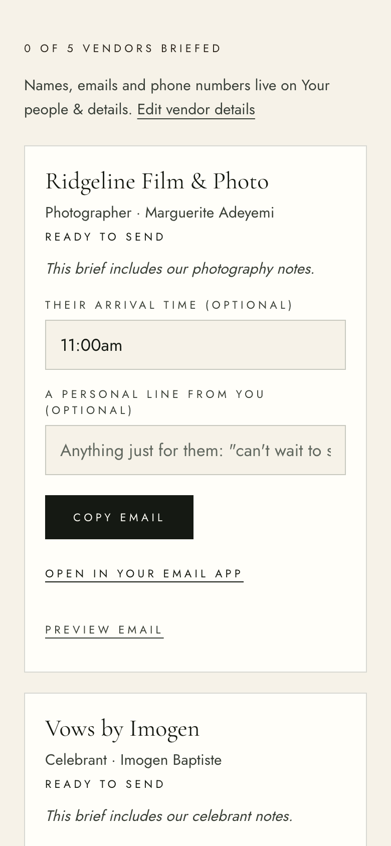 Venue briefs on a phone: the photographer's ready to send with an 11am arrival, and a copy-email button