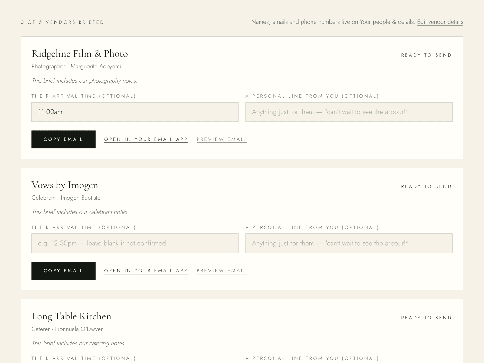 A generated venue brief for each supplier, each with a copy-email button and an optional arrival time