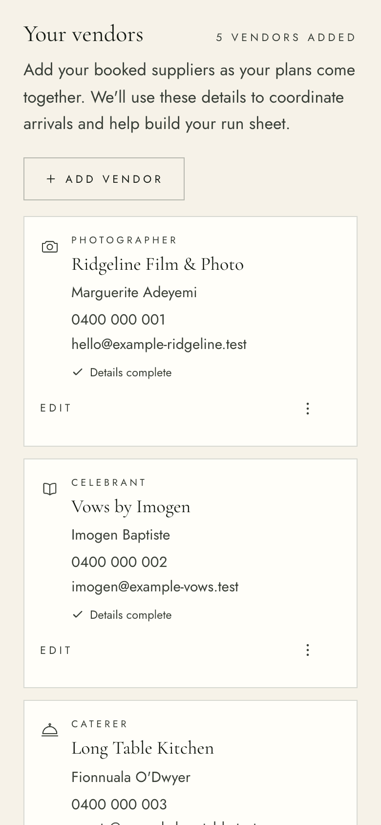 The supplier list on a phone: a photographer and a celebrant, each with a contact and a tick for details complete